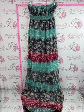 Roxy Strapless Maxi Dress tiered style colors in Teal, Navy & pink tie up ribbon